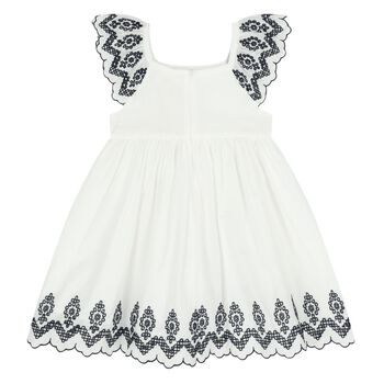 Girls White & Navy Blue Embroidered Dress