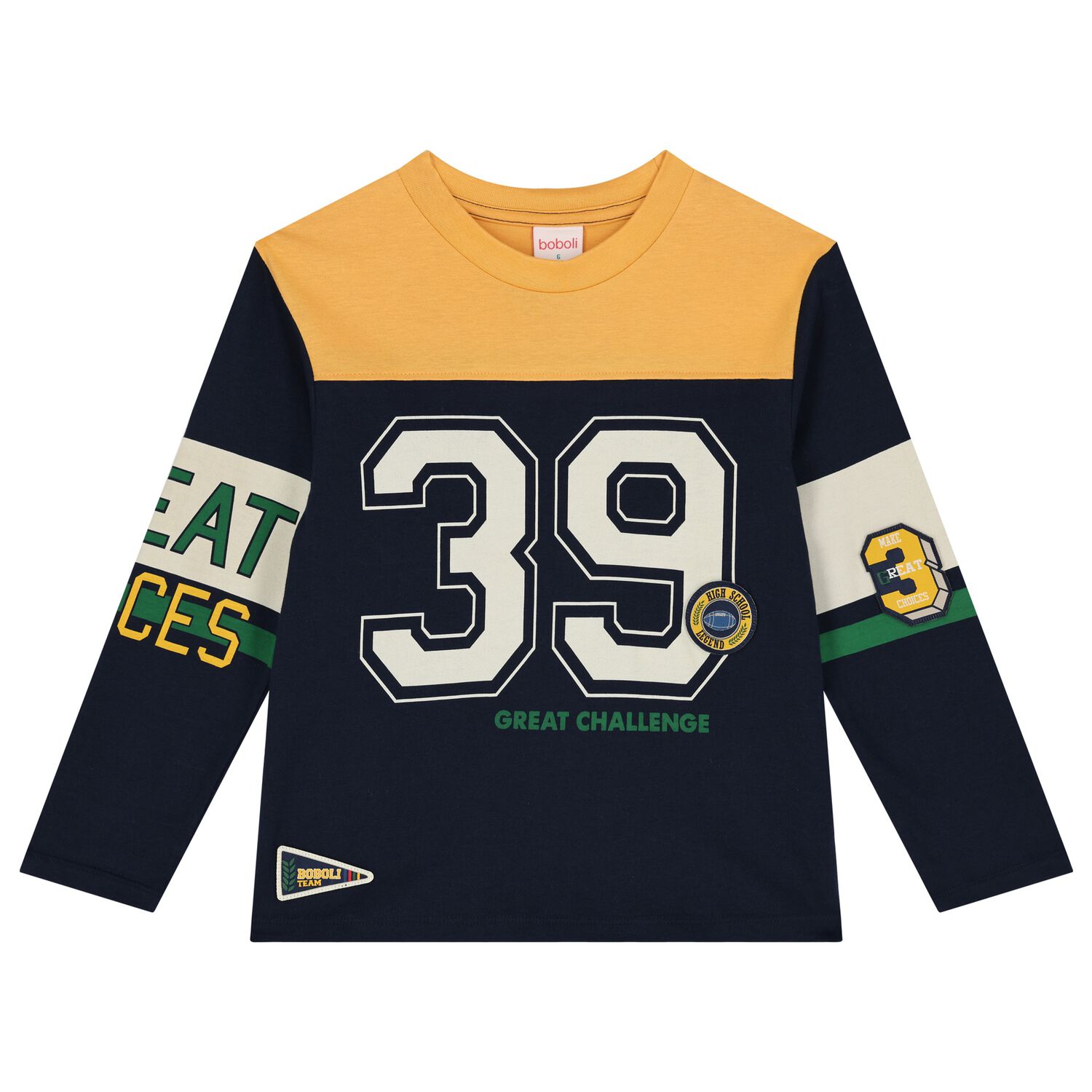 Boys Navy Blue & Yellow Long Sleeve Top, 1, hi-res image number null