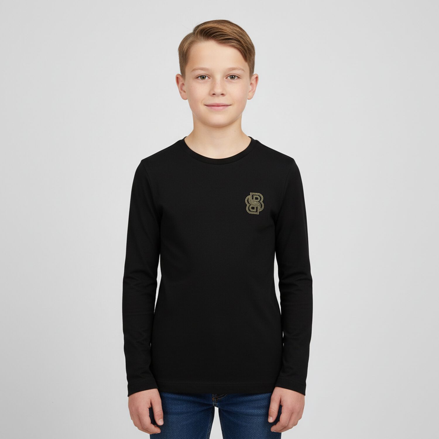 Boys Black Logo Long Sleeve Top, 1, hi-res