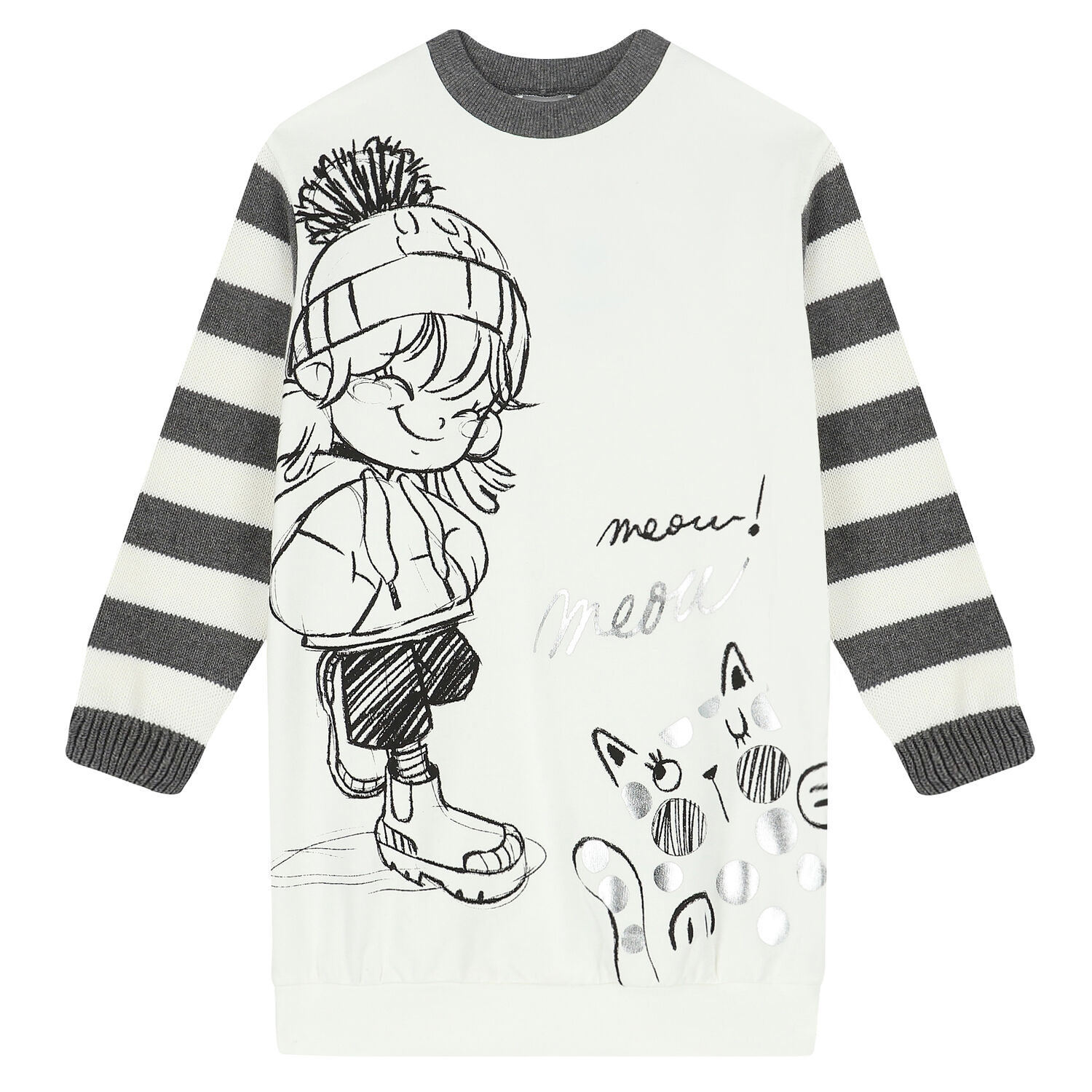 Girls White Sweatshirt Dress, 1, hi-res