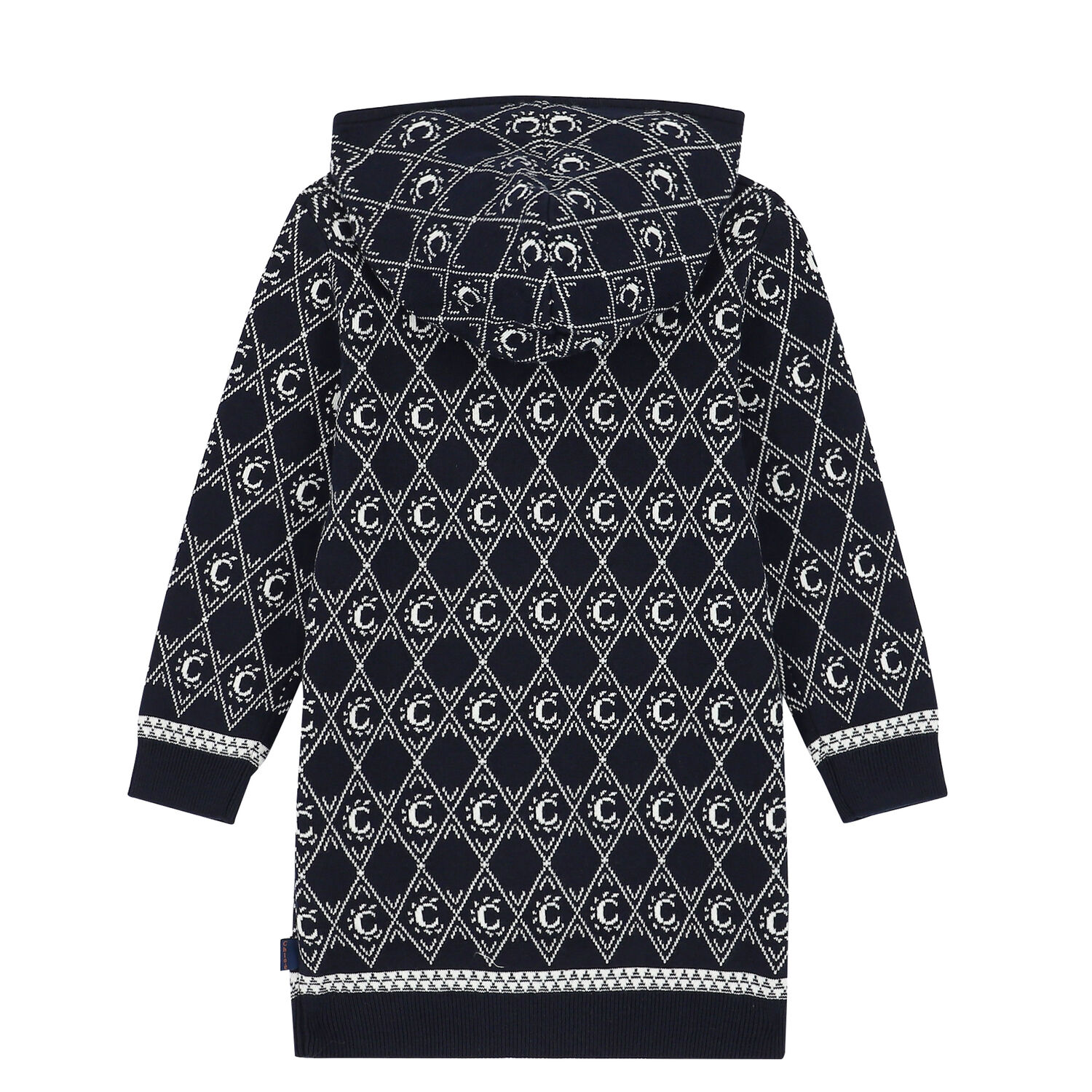 Girls Navy Logo Hooded Knitted Dress, 1, hi-res