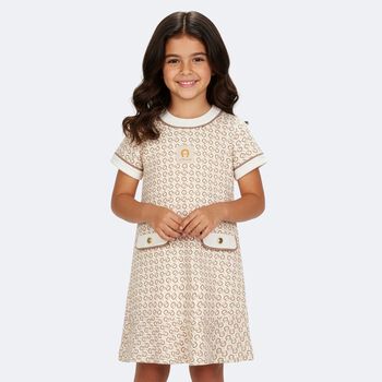 Girls Ivory & Beige Logo Dress