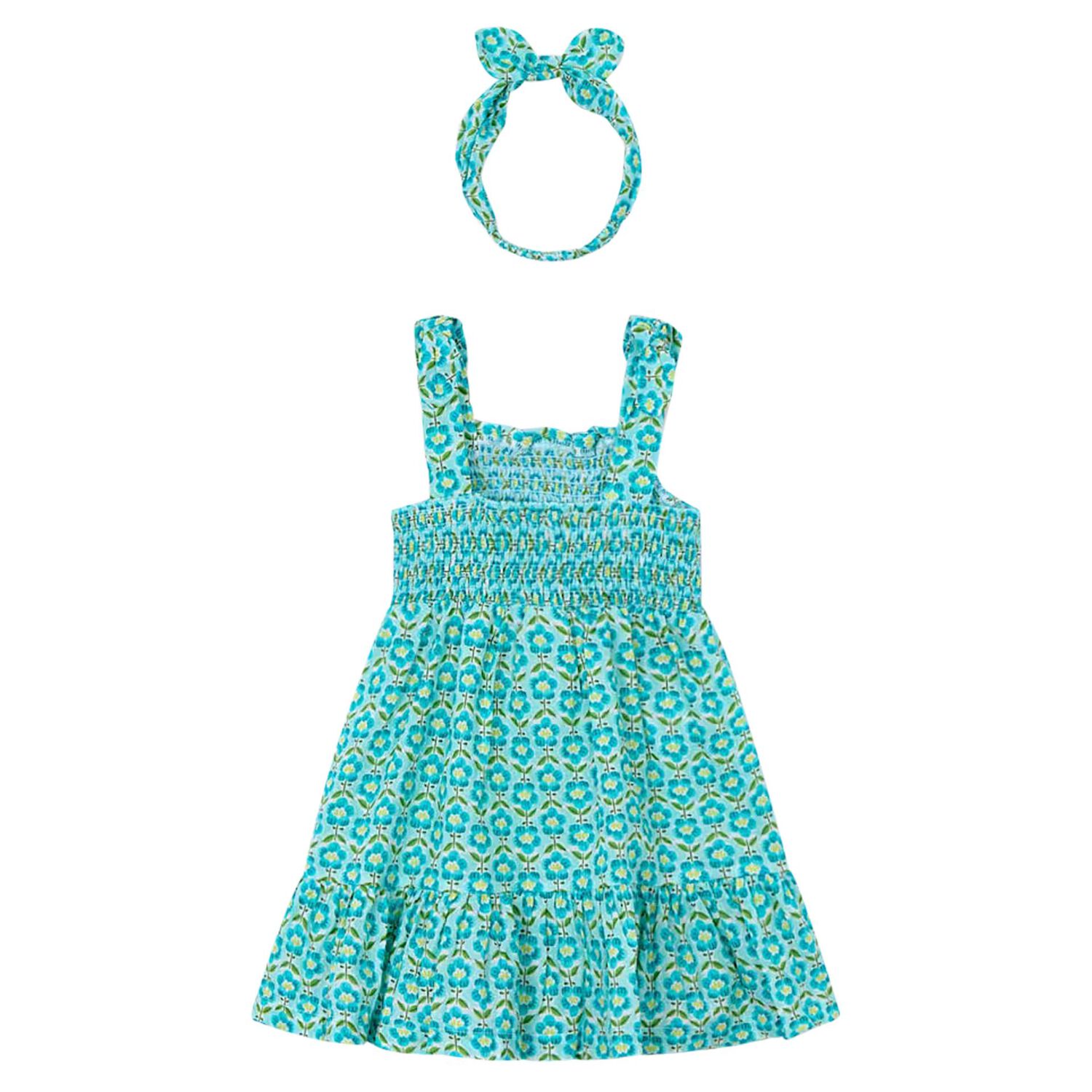 Girls Green Floral Smocked Dress Set, 1, hi-res