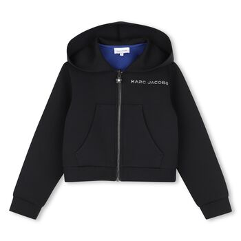 Girls Black Logo Hooded Zip Up Top