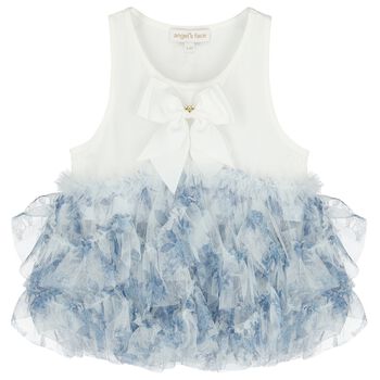 Girls White & Blue Floral Tulle Top