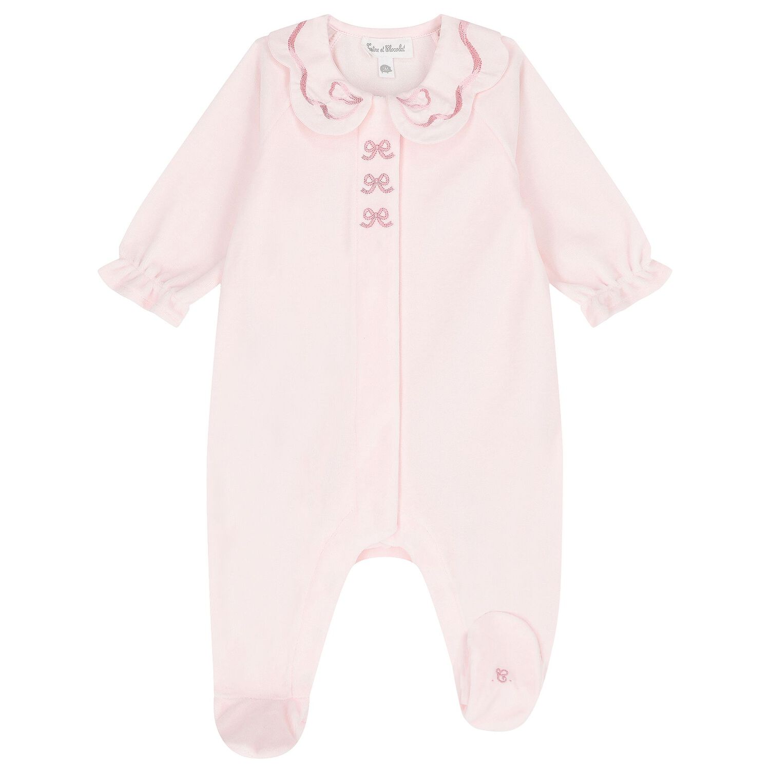 Baby Girls Pink Bow Velour Babygrow, 2, hi-res