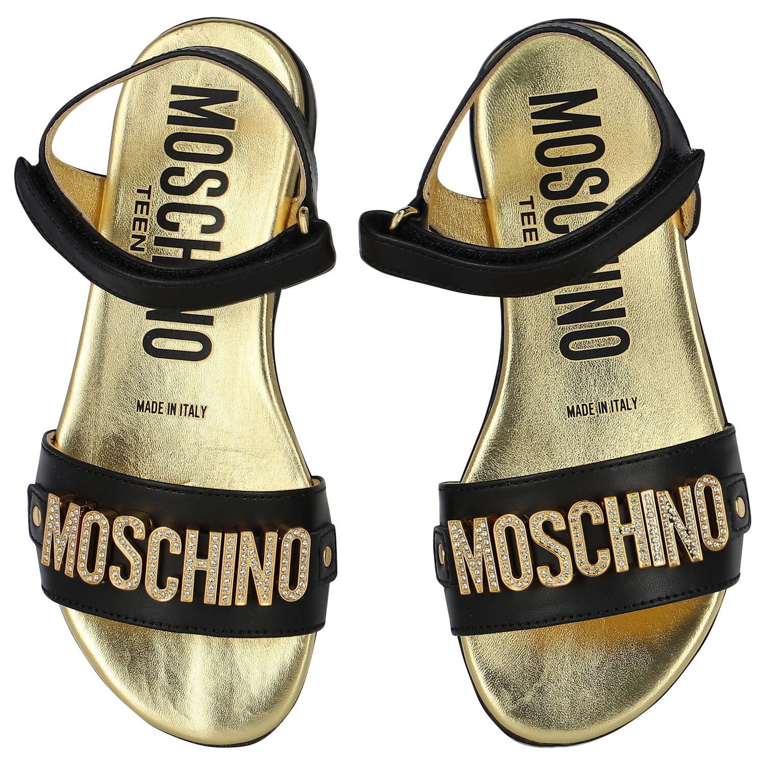 Girls Black & Gold Leather Logo Sandals, 1, hi-res image number null