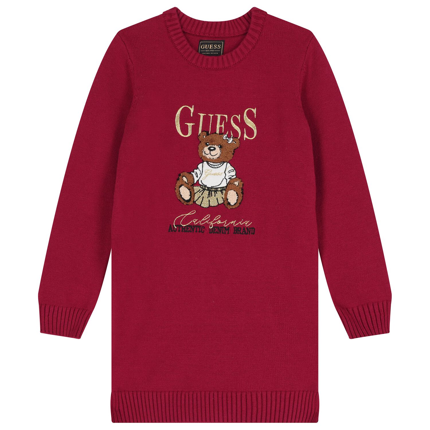 Girls Red Teddy Bear Knitted Sweatshirt, 1, hi-res
