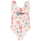 Girls White Floral Logo Swimsuit, 1, hi-res