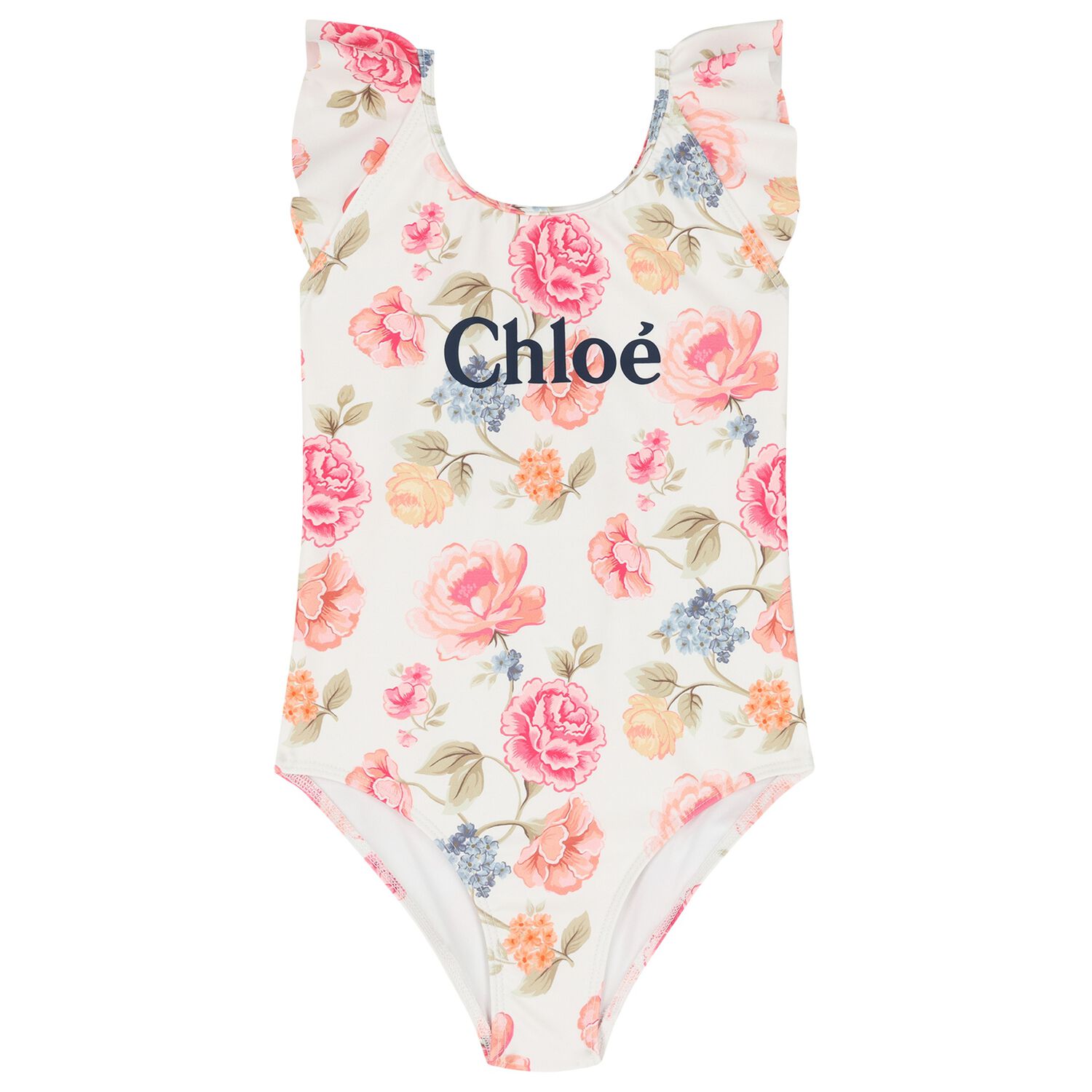 Girls White Floral Logo Swimsuit, 1, hi-res