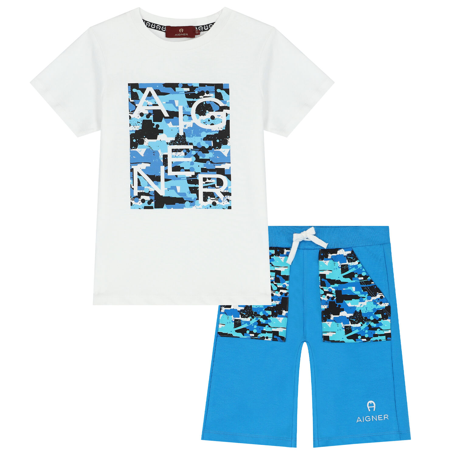 Boys White & Blue Logo Shorts Set, 1, hi-res