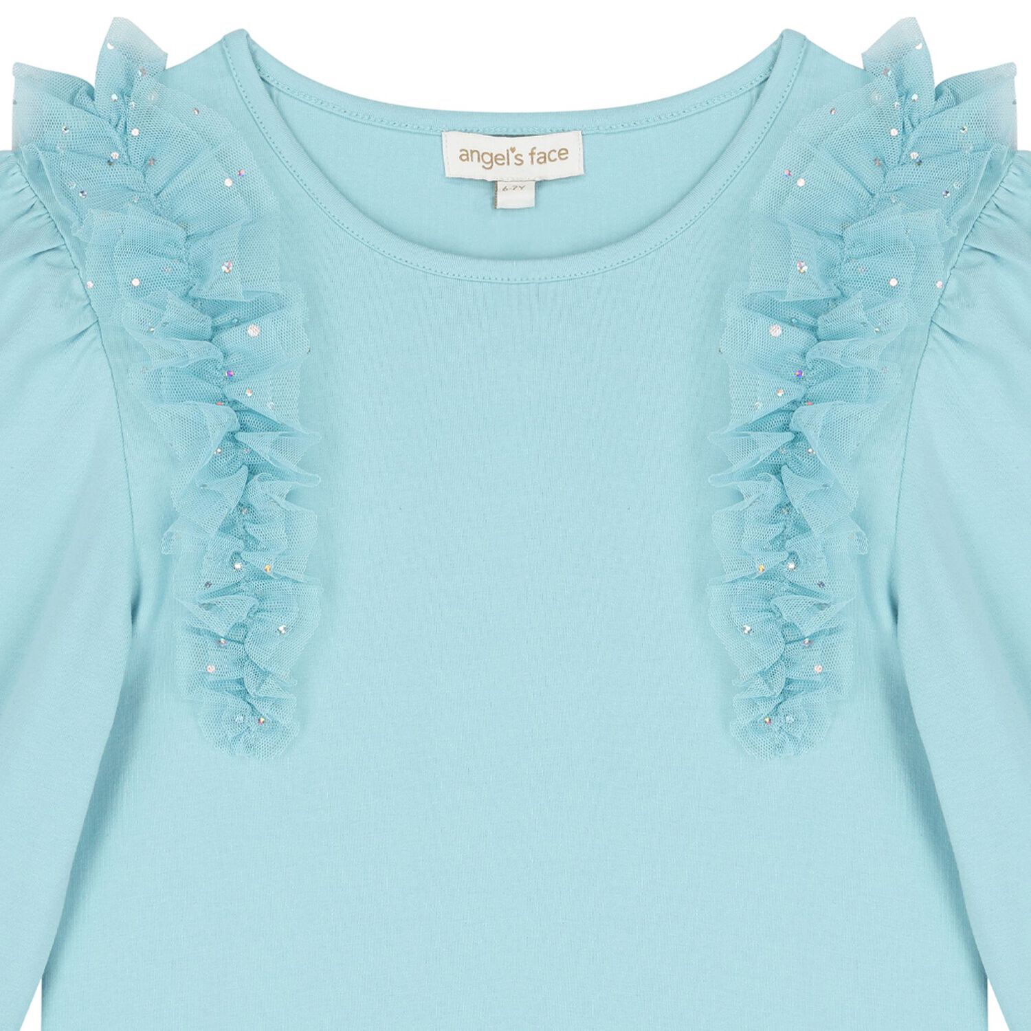 Girls Blue Ruffled Tulle Long Sleeve Top, 1, hi-res