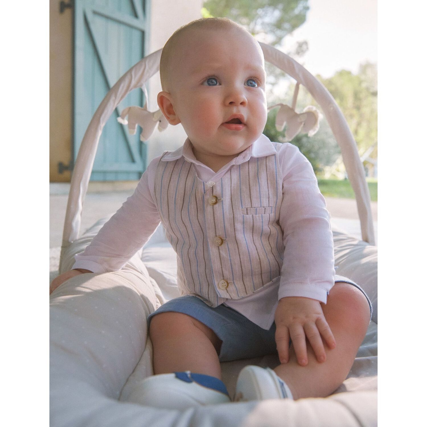 Baby Boys Beige, Blue & White Shorts Set, 1, hi-res