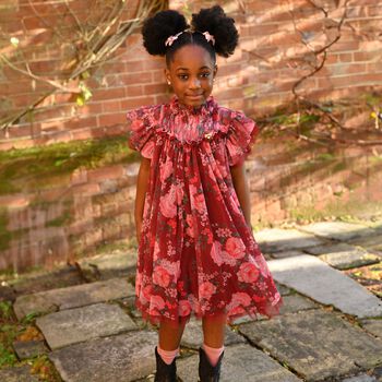 Girls Red Floral Ruffled Tulle Hettie Dress