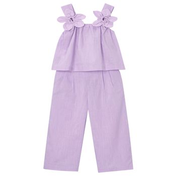 Girls Purple 3D Flower Trousers Set