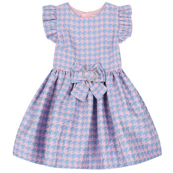 Girls Blue & Pink Houndstooth Dress