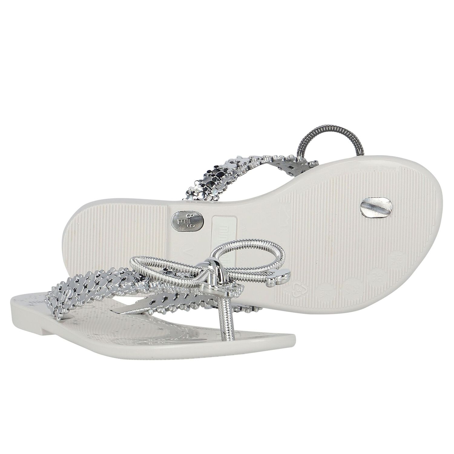 Girls Ivory & Silver Bow Flip Flops, 1, hi-res image number null