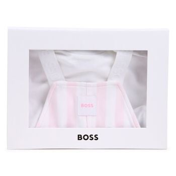 Baby Girls White & Pink Striped Logo Dungaree Set