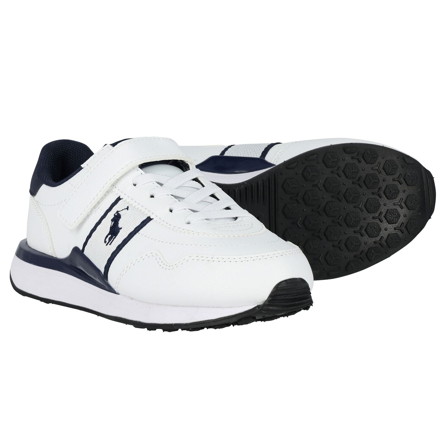 Boys White & Navy Blue Logo Trainers, 1, hi-res