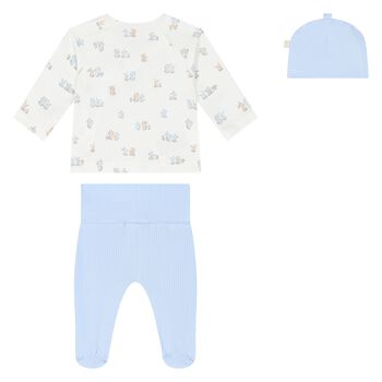 Baby Boys Ivory & Blue Bear Babysuit & Hat Gift Set