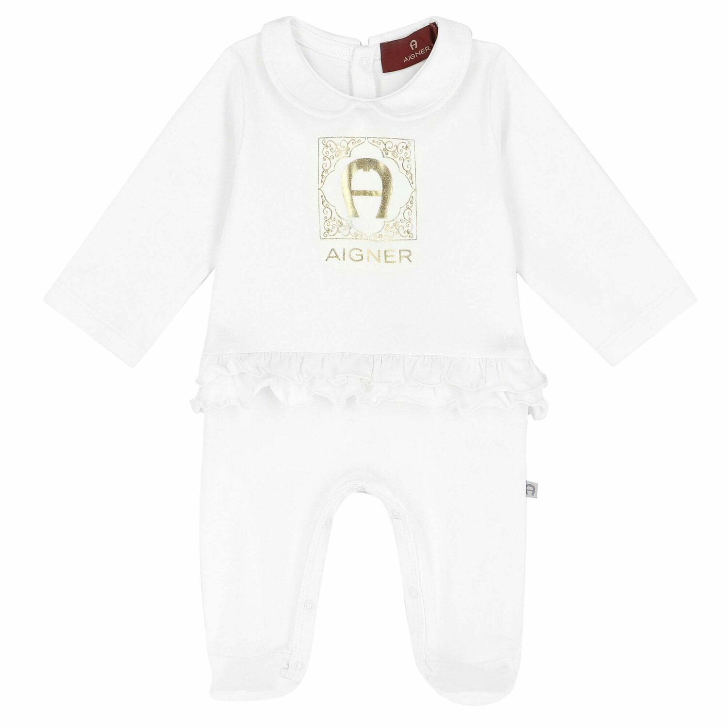 Baby Girls White & Gold Logo Babygrow, 2, hi-res