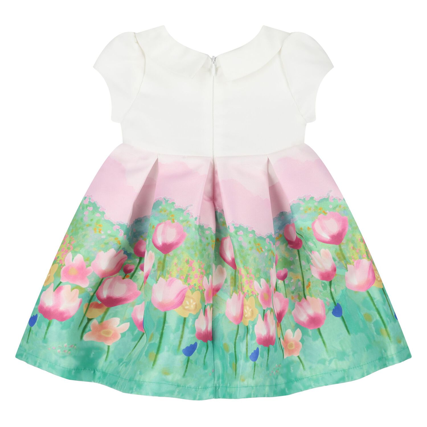 Younger Girls White, Pink & Green Floral Satin Dress, 1, hi-res