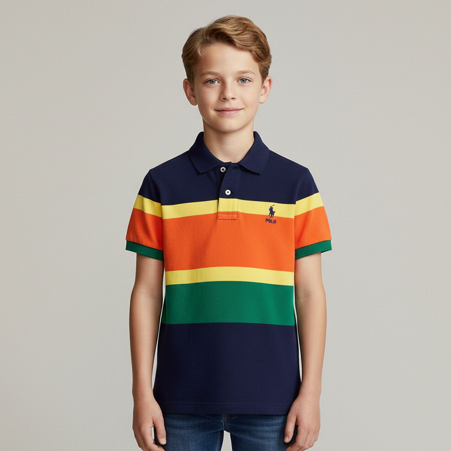 Boys Navy, Green & Orange Logo Polo Shirt, 1, hi-res