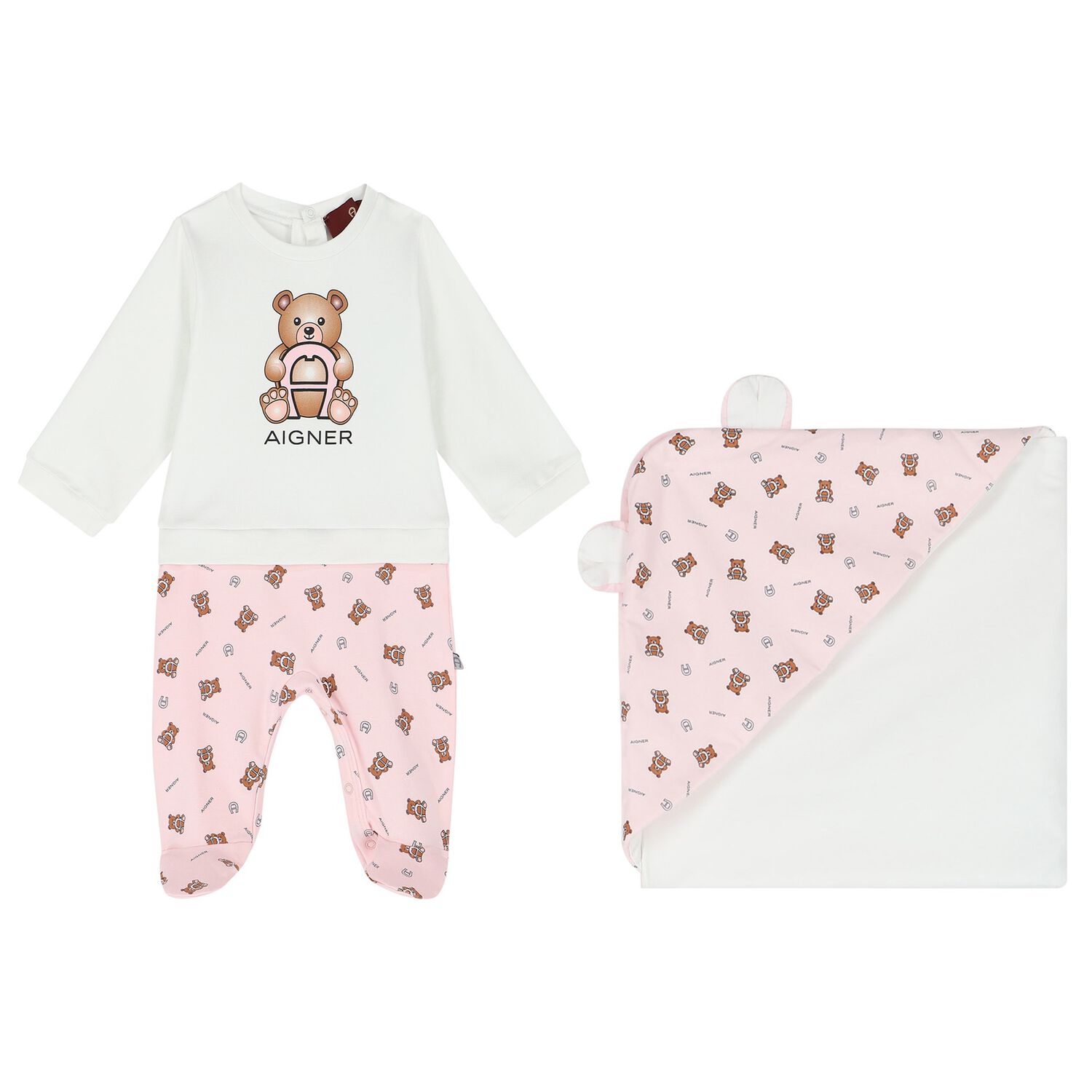 Baby Girls White & Pink Logo Babygrow Set, 1, hi-res