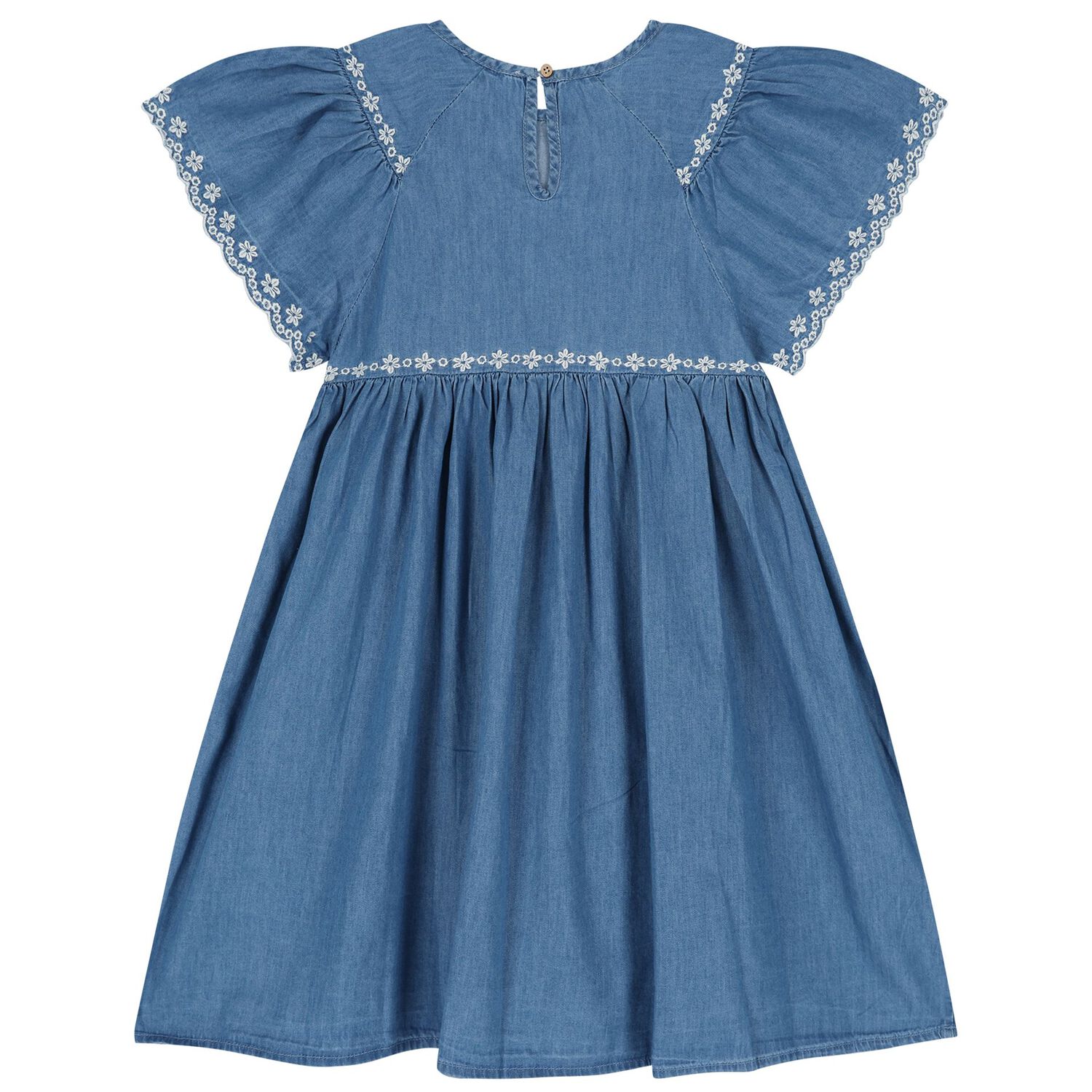 Girls Denim Blue Floral Lace Dress, 1, hi-res