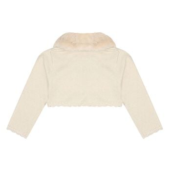 Younger Girls Beige Faux Fur Collar Cardigan