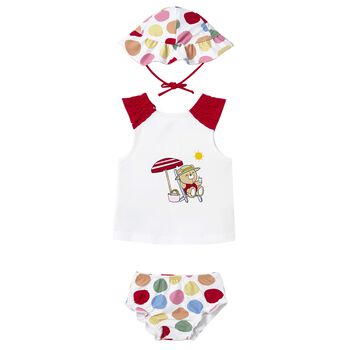 Baby Girls White & Red Swimsuit Set with Hat