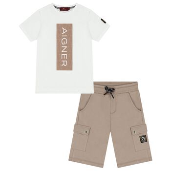 Boys White & Beige Logo Shorts Set