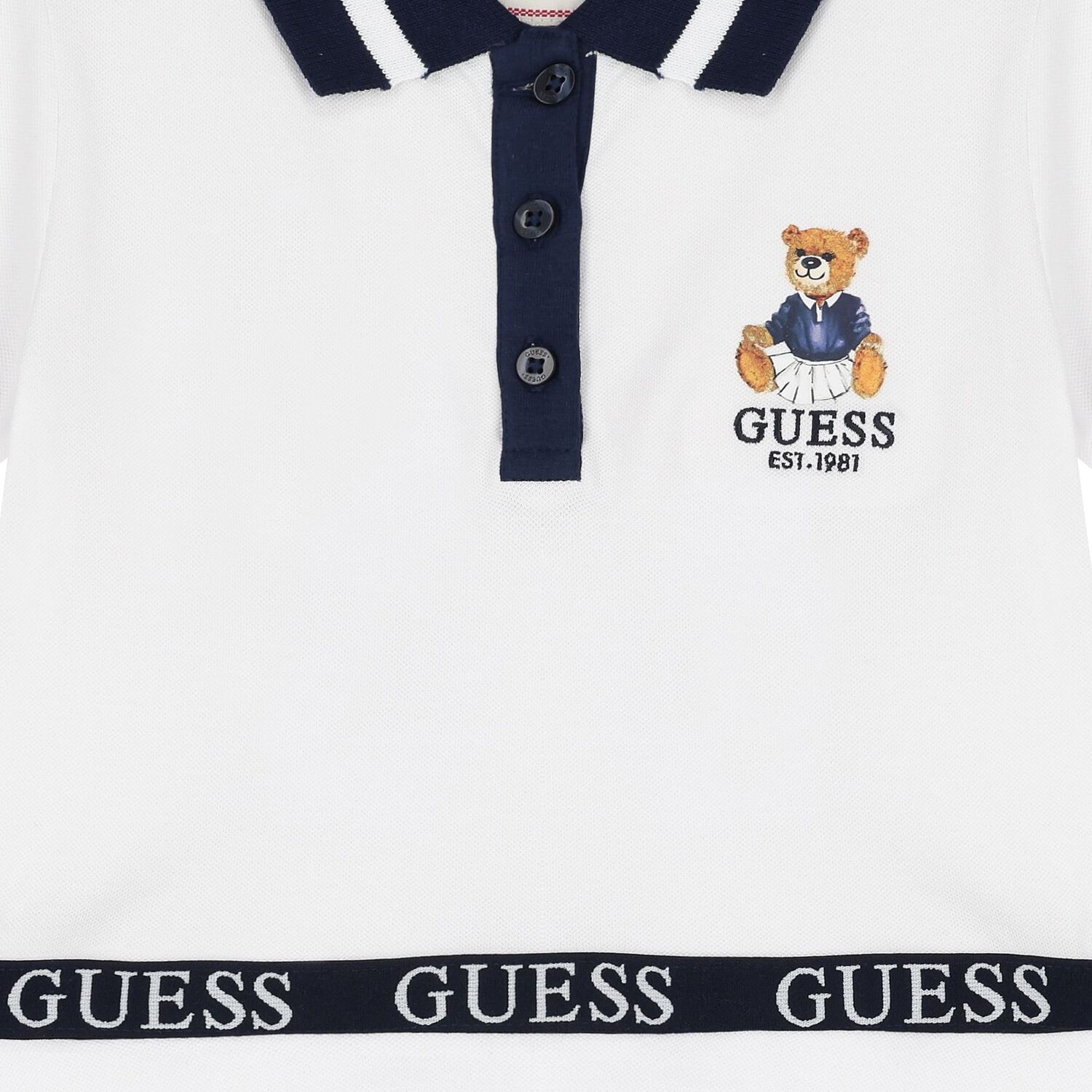 Girls White Cotton Bear Logo Dress, 1, hi-res