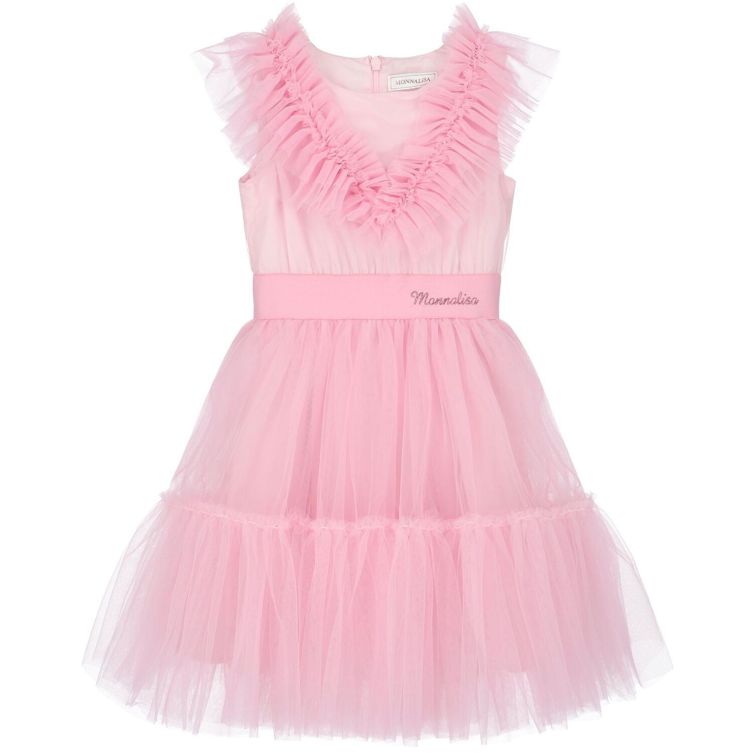 Girls Pink Ruffled Tulle Dress, 2, hi-res
