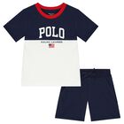 Baby Boys White & Navy Blue Logo Shorts Set, 1, hi-res