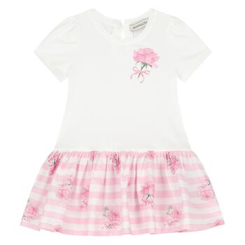 Younger Girls White & Pink Rose Dress