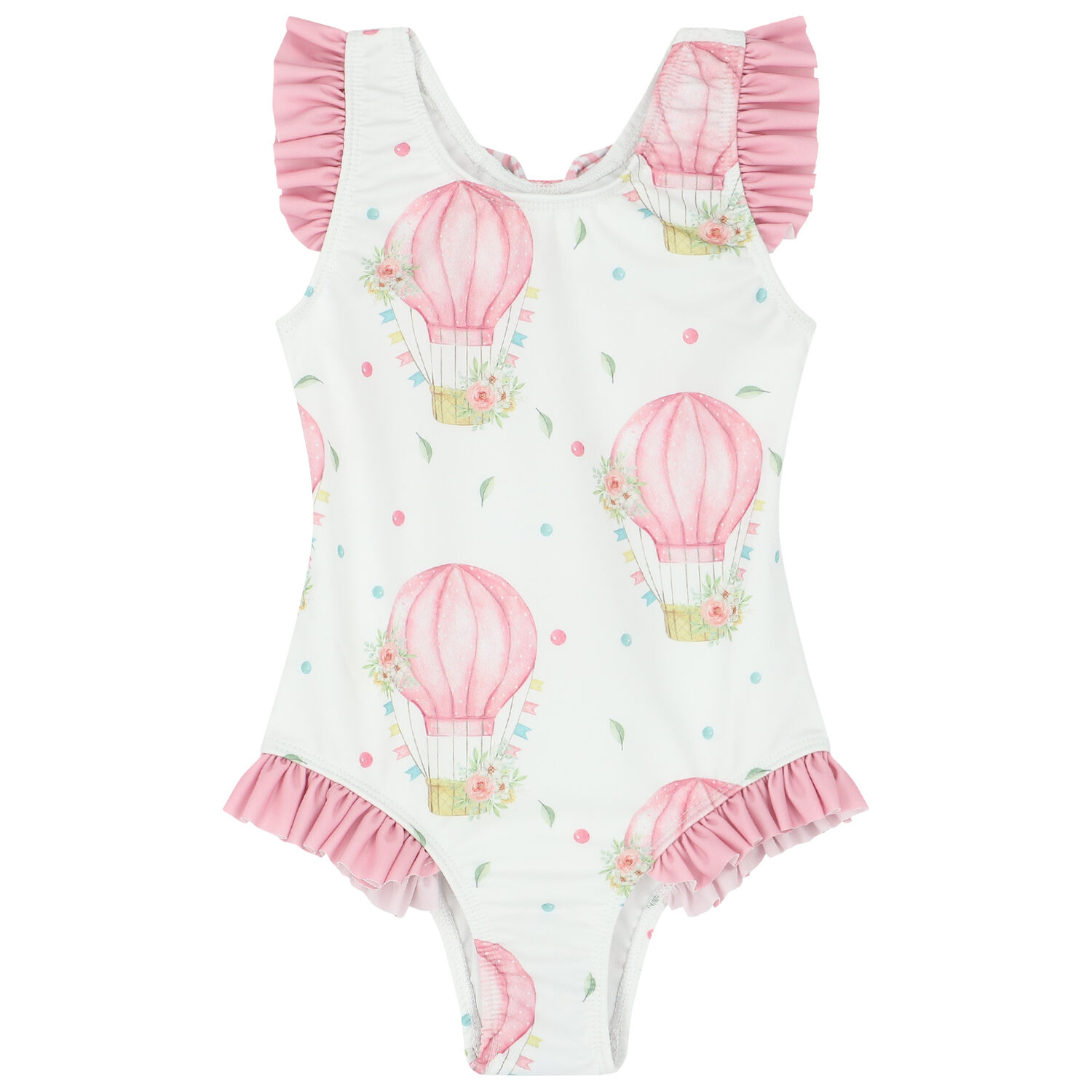 Girls White & Pink Balloons Swimsuit, 2, hi-res