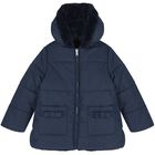 Girls Navy Blue Reversible Faux Fur Jacket, 1, hi-res