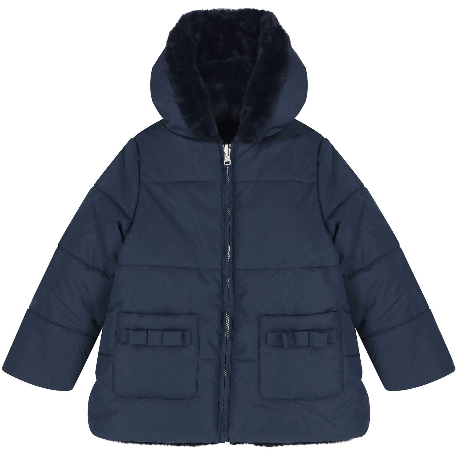 Girls Navy Blue Reversible Faux Fur Jacket, 1, hi-res