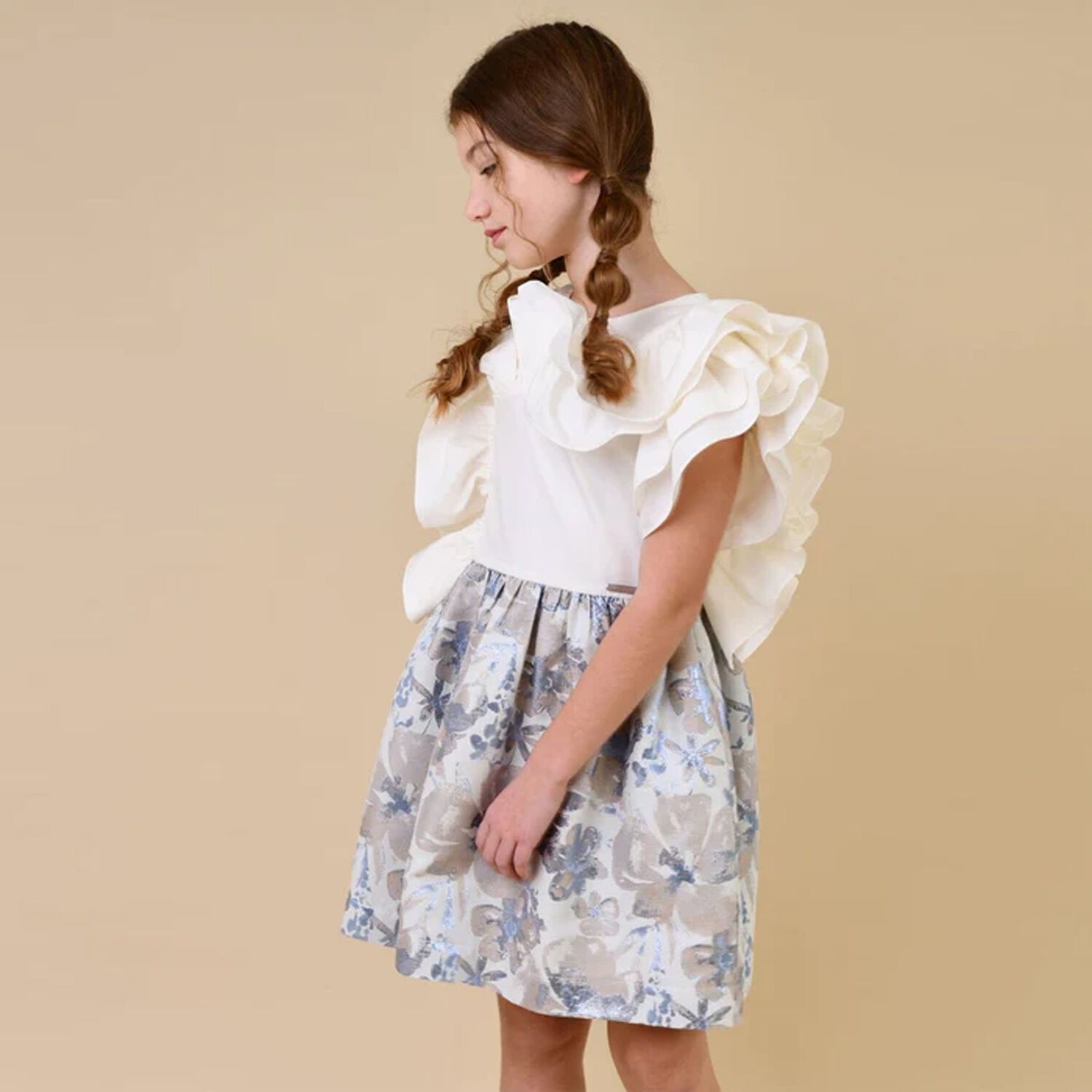 Girls White & Blue Floral Ruffle Dress, 2, hi-res image number null