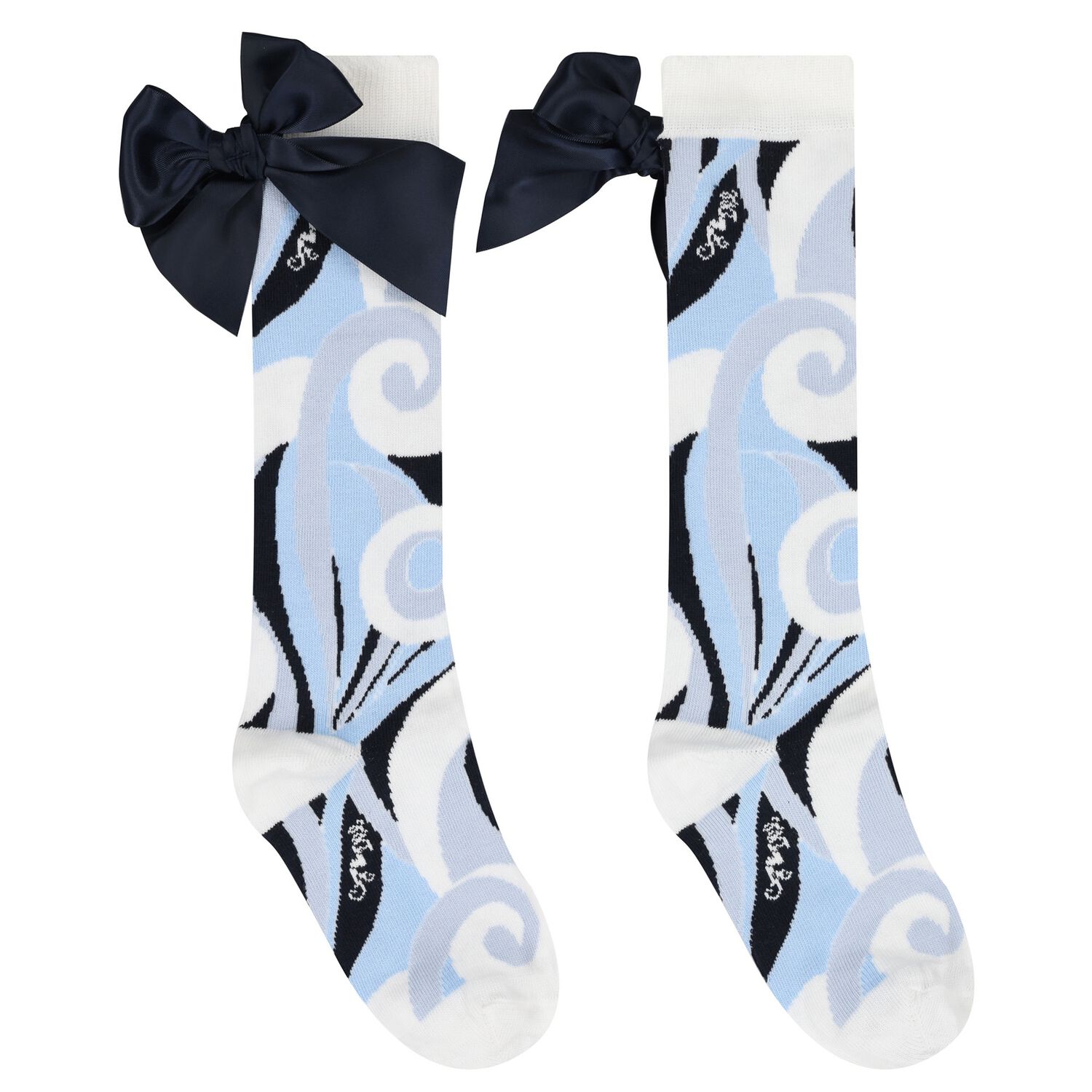 Girls Blue Satin Bow Swirl Socks, 1, hi-res
