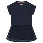 Girls Navy Blue Logo Flower Dress, 1, hi-res