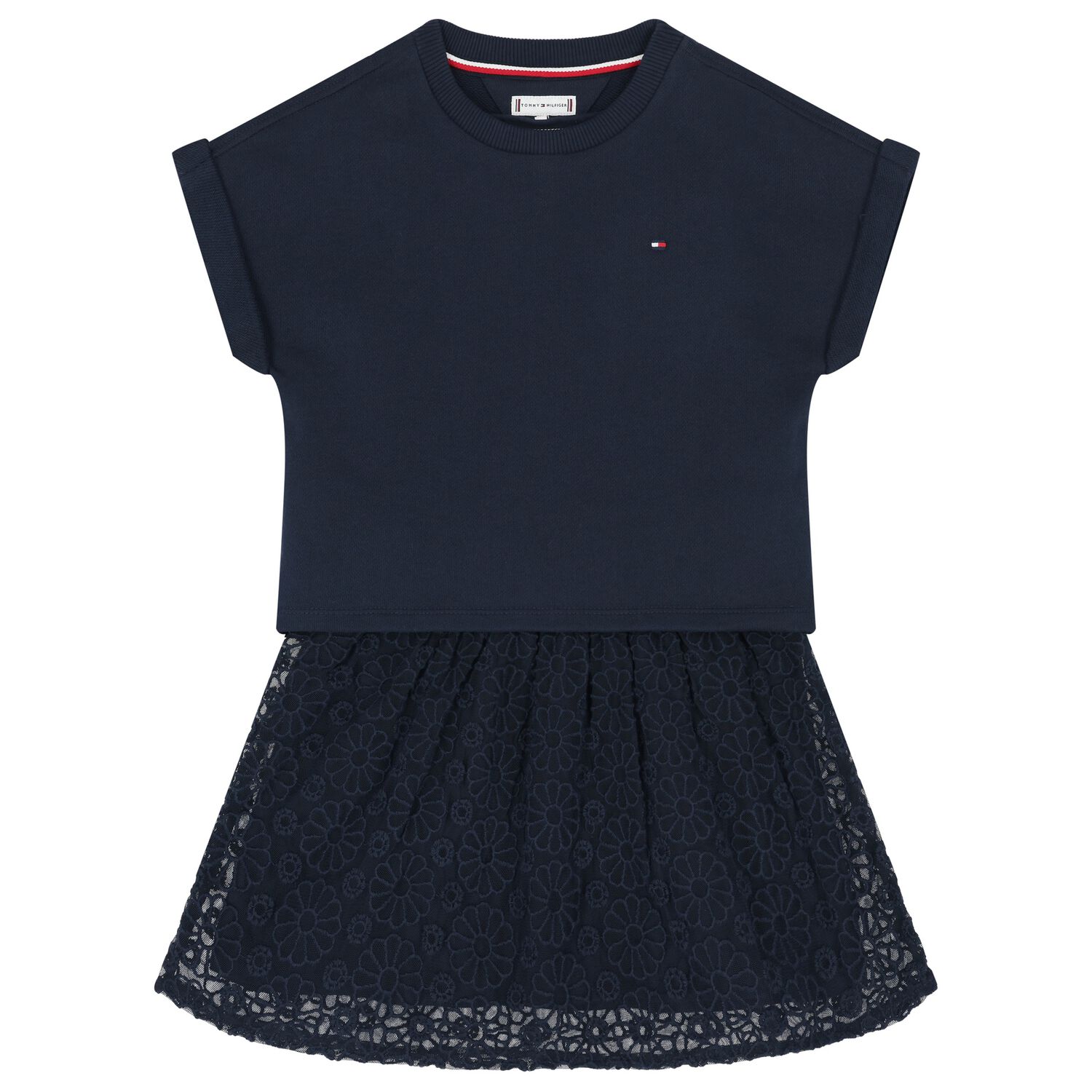 Girls Navy Blue Logo Flower Dress, 1, hi-res