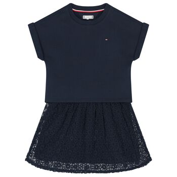 Girls Navy Blue Logo Flower Dress