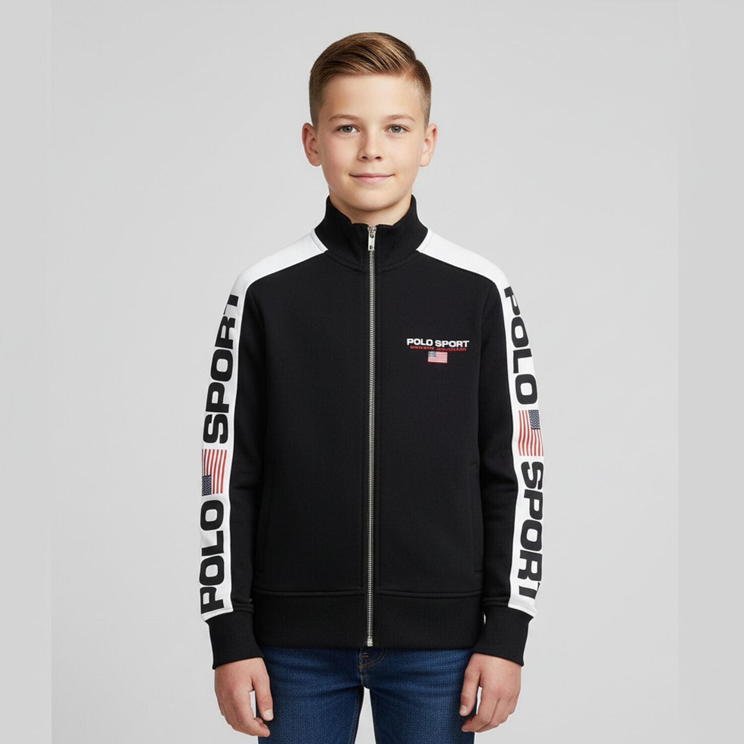 Boys Black & White Logo Zip Up Top, 1, hi-res