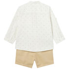 Younger Boys White & Beige Shirt & Shorts Set, 1, hi-res