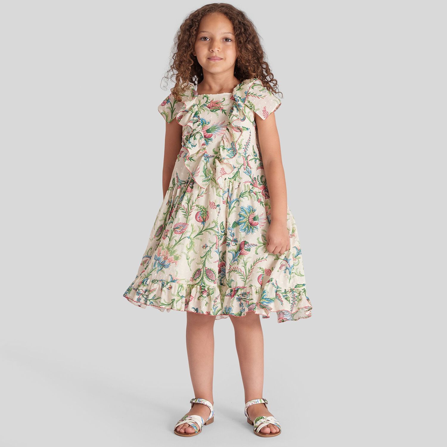 Girls Beige & Green Ruffled Floral Dress, 1, hi-res