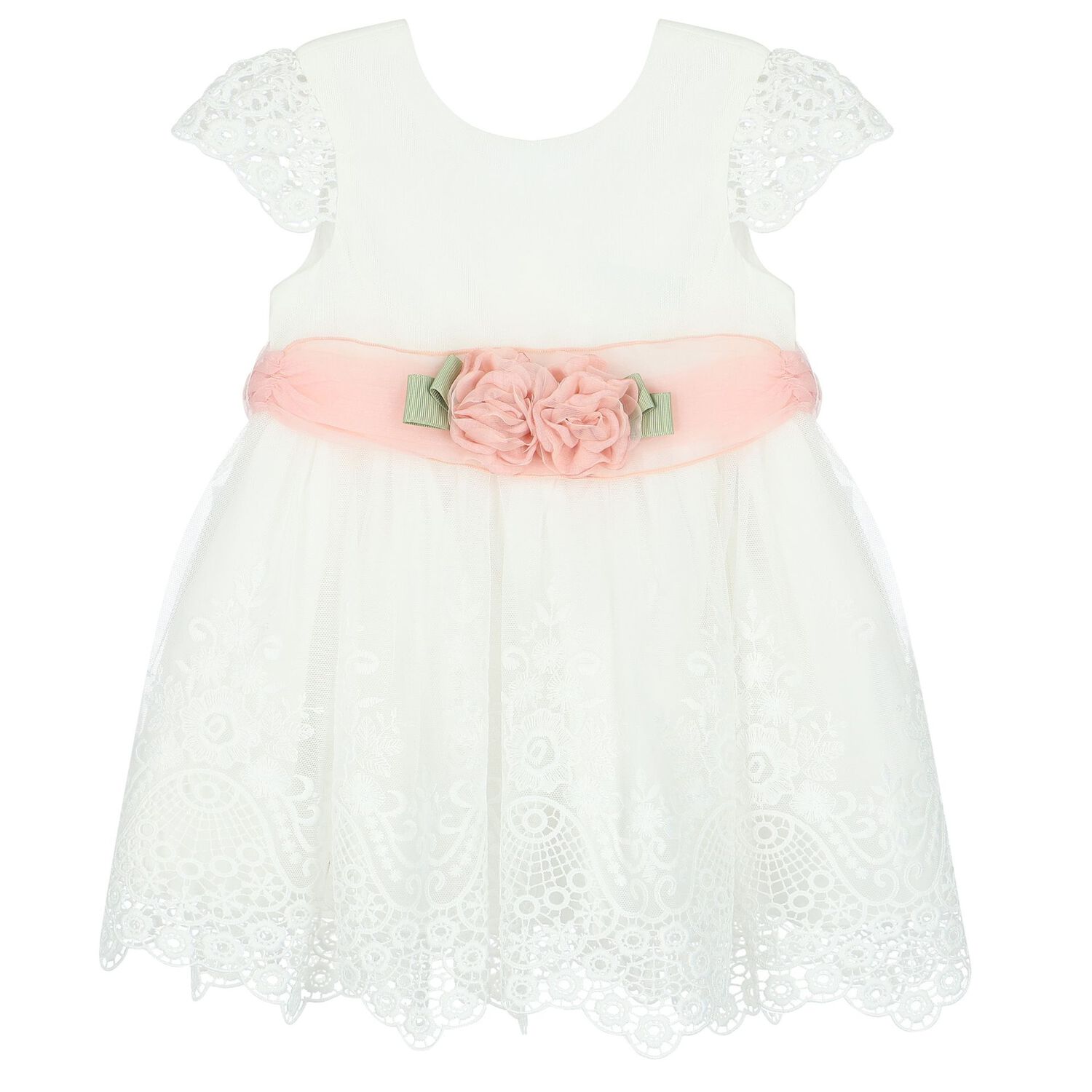 Younger Girls White Flower Lace & Tulle Dress, 1, hi-res image number null