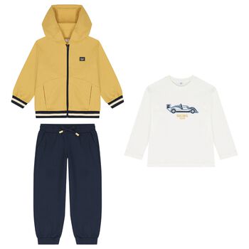 Boys White, Yellow & Navy Blue Racing Car Tracksuit ( 3 Piece )