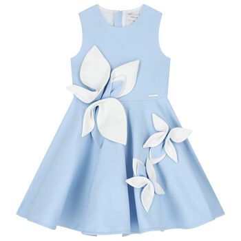 Girls Blue Satin Floral Dress